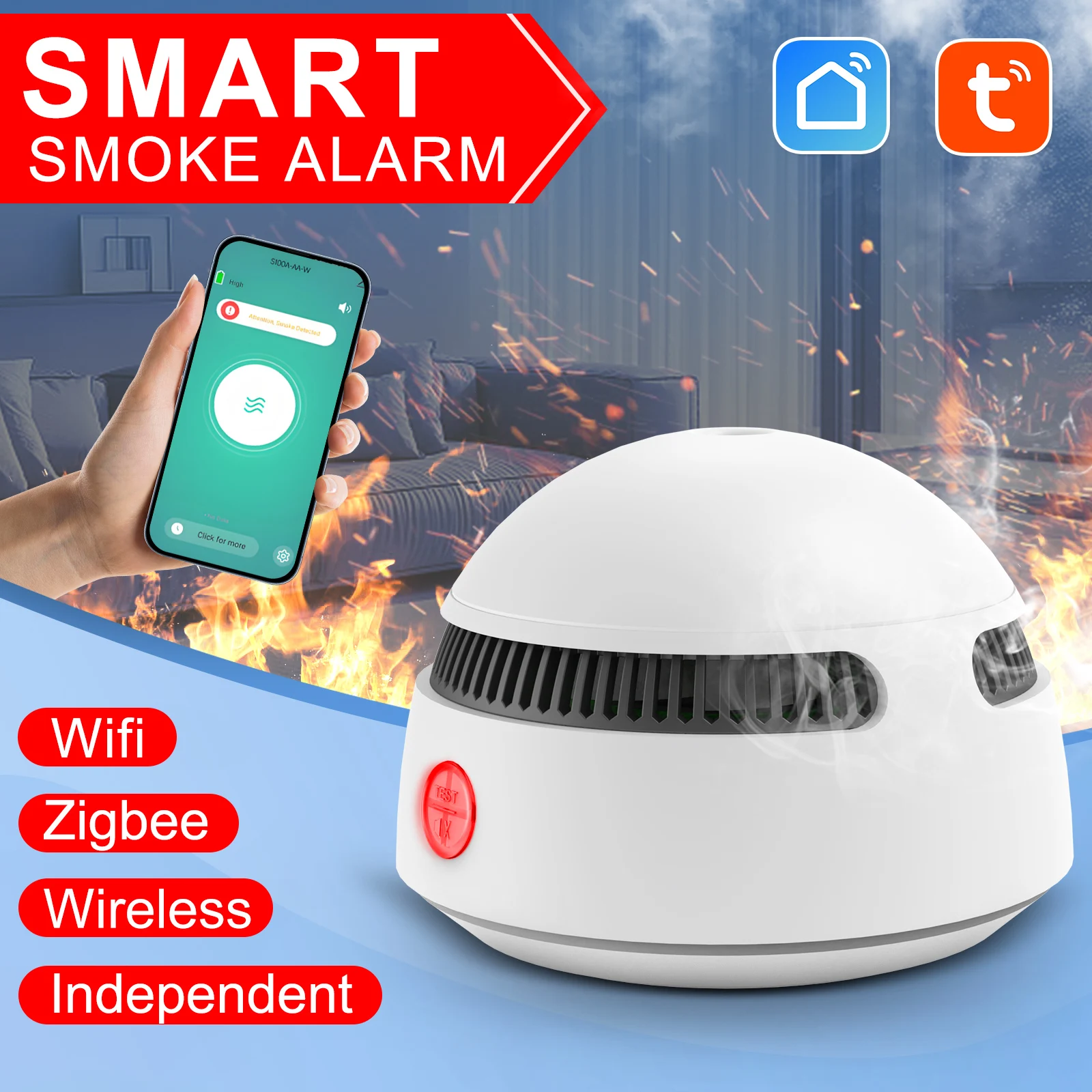Graffiti Wifi alarma de humo fuego tipo fotoeléctrico detección 10 años batería de litio Detector de humo de Larga modo de reposo