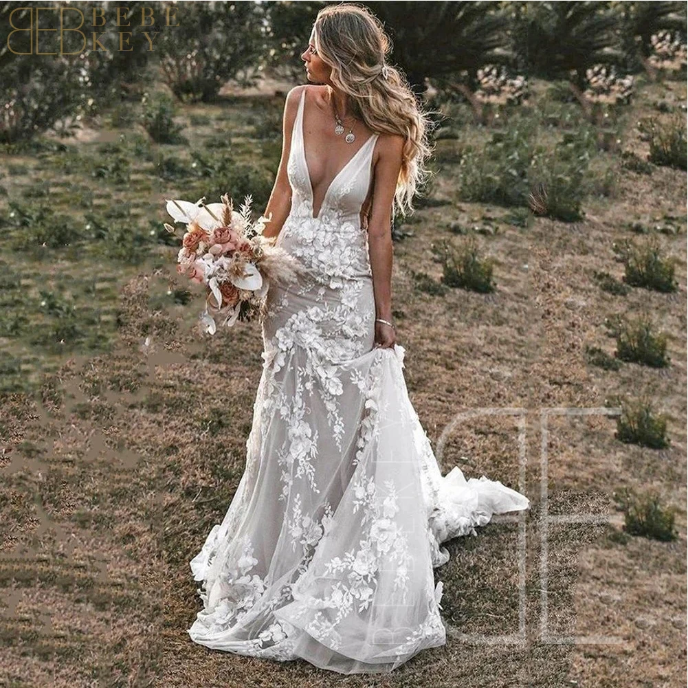 Bebekey sexy profundo decote em v vestido de casamento de renda personalizado sem costas sereia vestido de festa de casamento vestidos de noiva vestidos formais