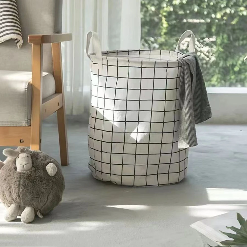 Cesta de roupas sujas do agregado familiar balde de armazenamento de brinquedos tecido xadrez algodão linho cesta de roupas sujas grande dobrável à prova dwaterproof água stora