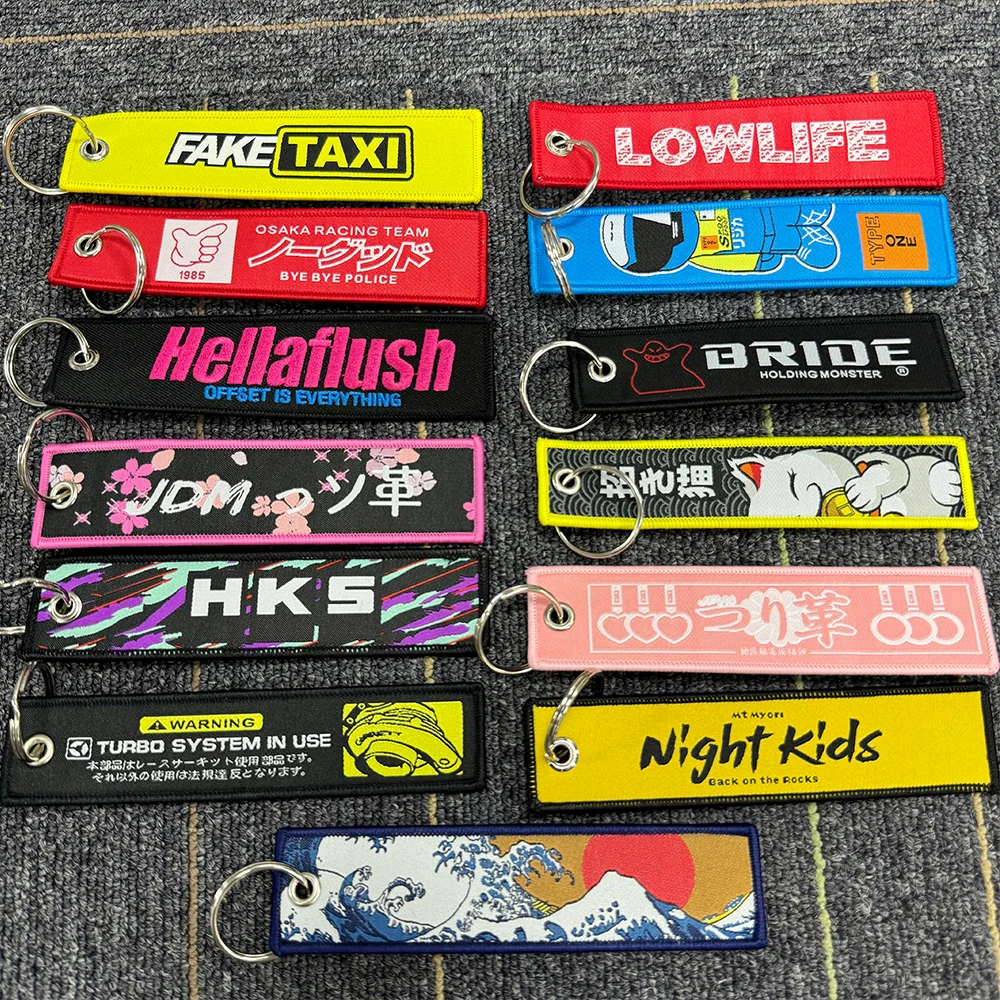 Nuevo diseño JDM cultura tela doble logotipo bordado coche Auto llavero personalidad moda tela etiqueta para llave Accesorios