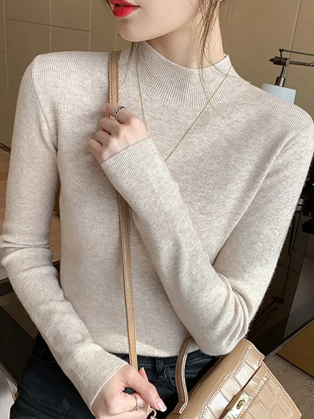 2024 moda Color sólido cuello alto mujeres Otoño Invierno suéteres de punto jerseys básicos de imprimación suéter coreano Jersey ajustado