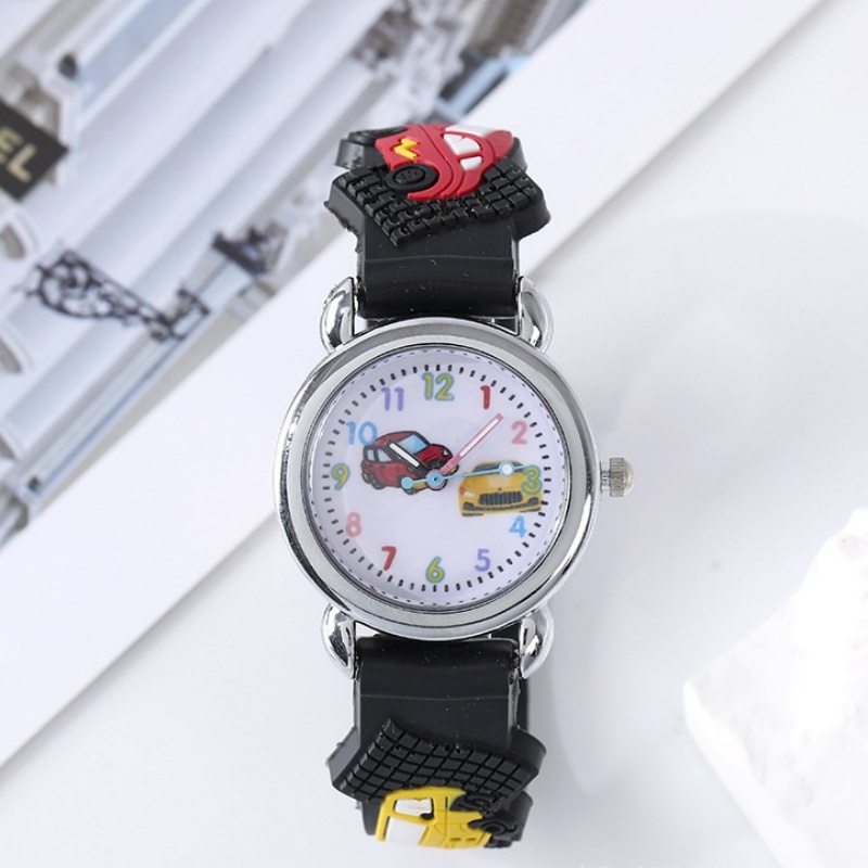 Mode Kleur Cartoon Auto Kinderhorloge Basisschool Jongen Kinderhorloge 3D Siliconen Band Cadeau