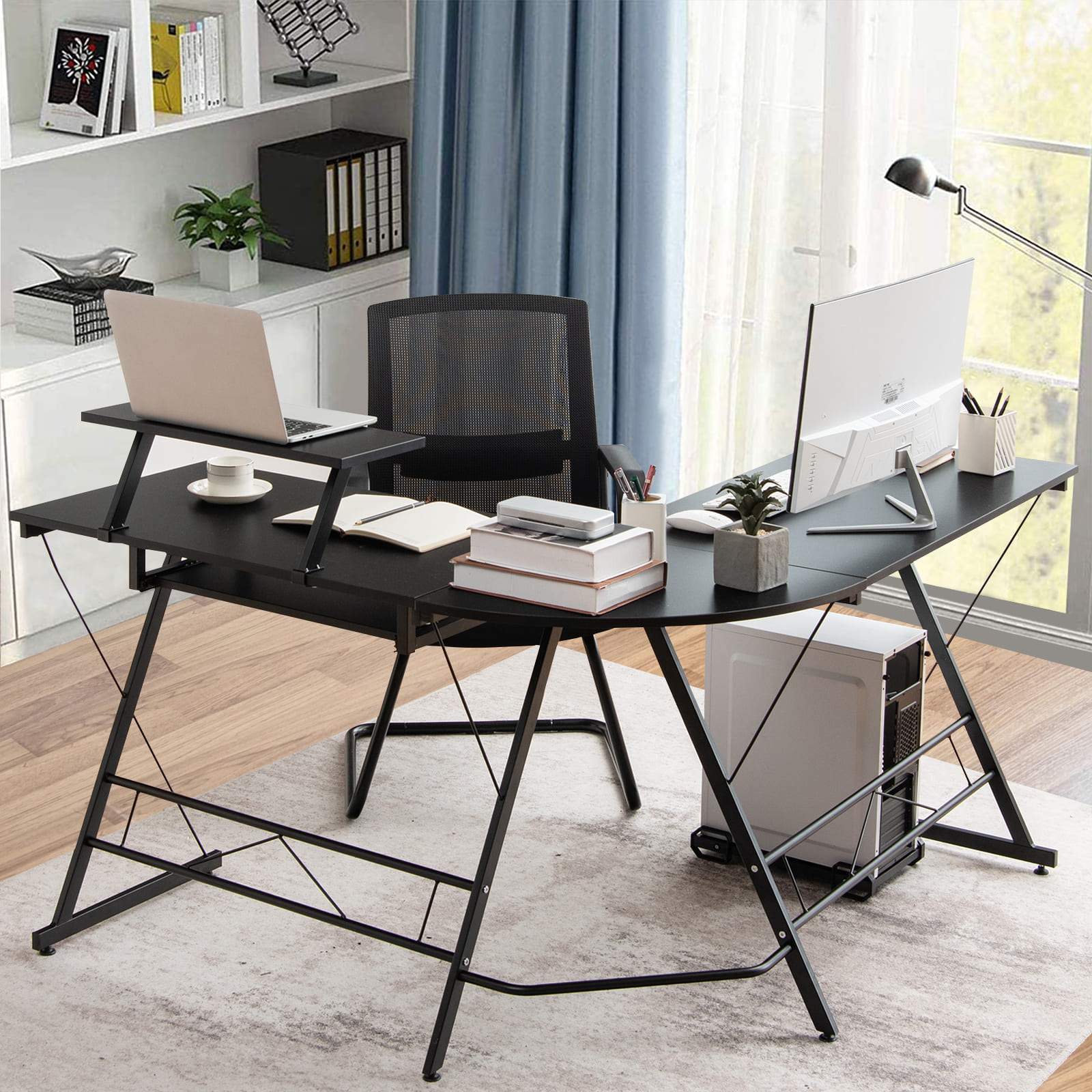GOFLAME L-Shaped Computer Desk Home Office Corner Workstation w/ Movable Host Stand
