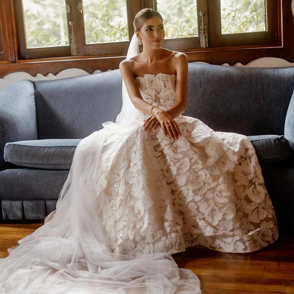 Amanda Customized White Lace Prom Dresses Strapless Floor-Length Head Veil vestidos de noche Trailing A-line Formal Evening 2025