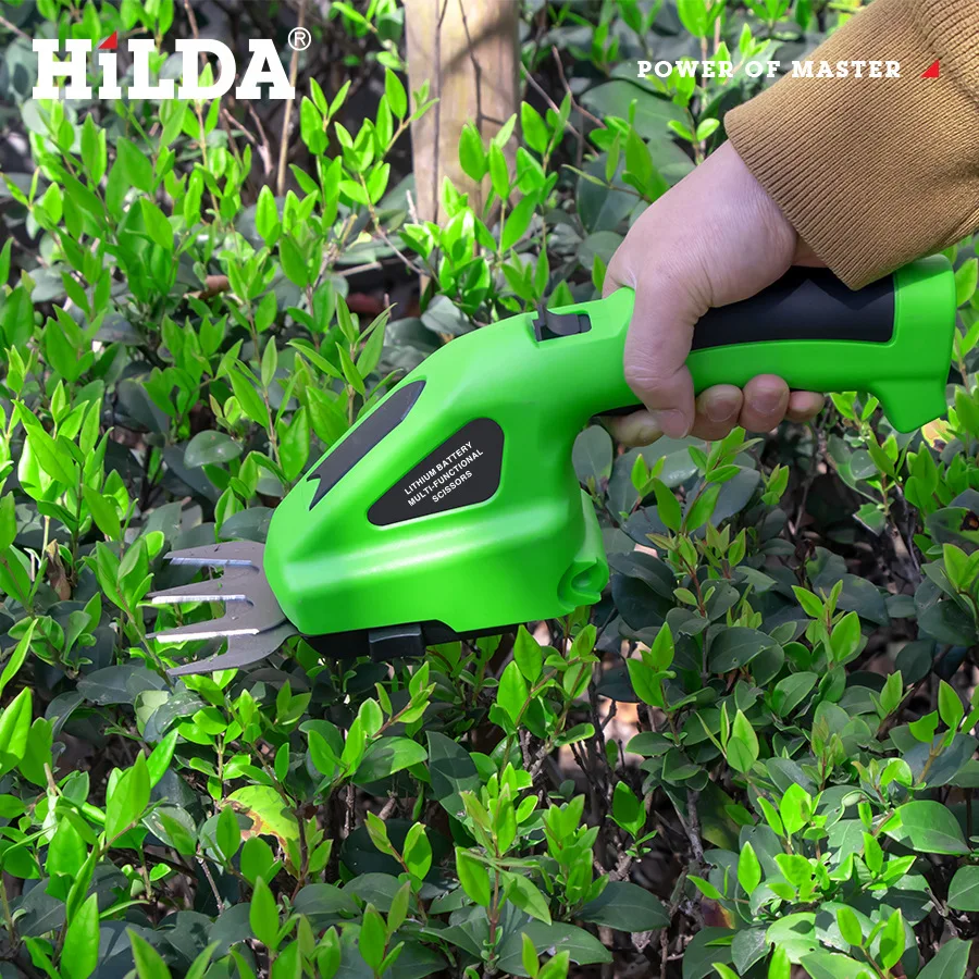 Hilda เครื่องตัดหญ้าไฟฟ้าเครื่องตัดแต่งกิ่งพุ่มไม้แบบ2-in-1, ที่กันจอนไม้พุ่มน้ำหนักเบาไร้สายสีเขียว