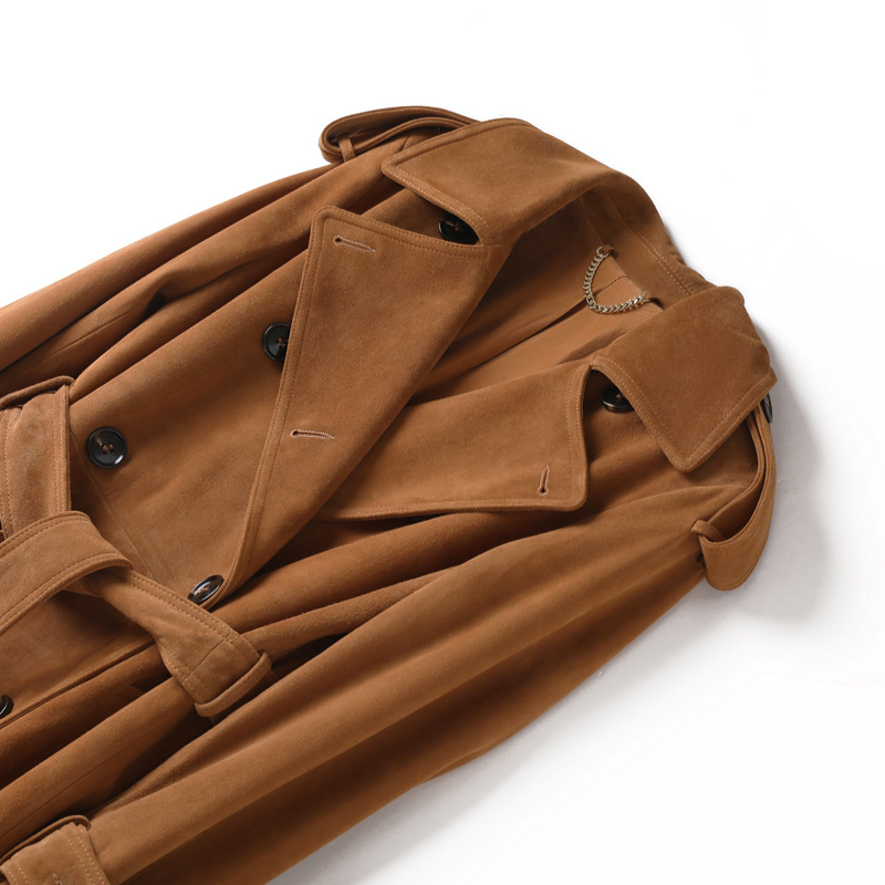 Jaqueta de couro genuíno feminina outono inverno duplo breasted terno colarinho cinto fino longo trench coat vintage pele carneiro camurça jaqueta