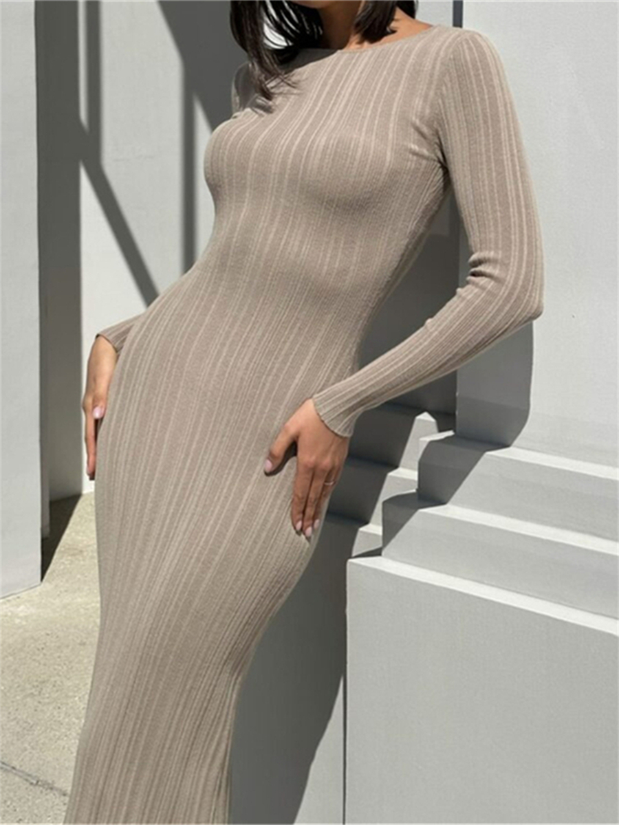 wsevypo Herbst Lässiges, gestricktes, geripptes, figurbetontes langes Kleid, einfacher Stil, einfarbig, langärmelig, O-Ausschnitt, gewickeltes Bleistiftkleid, Straßenparty