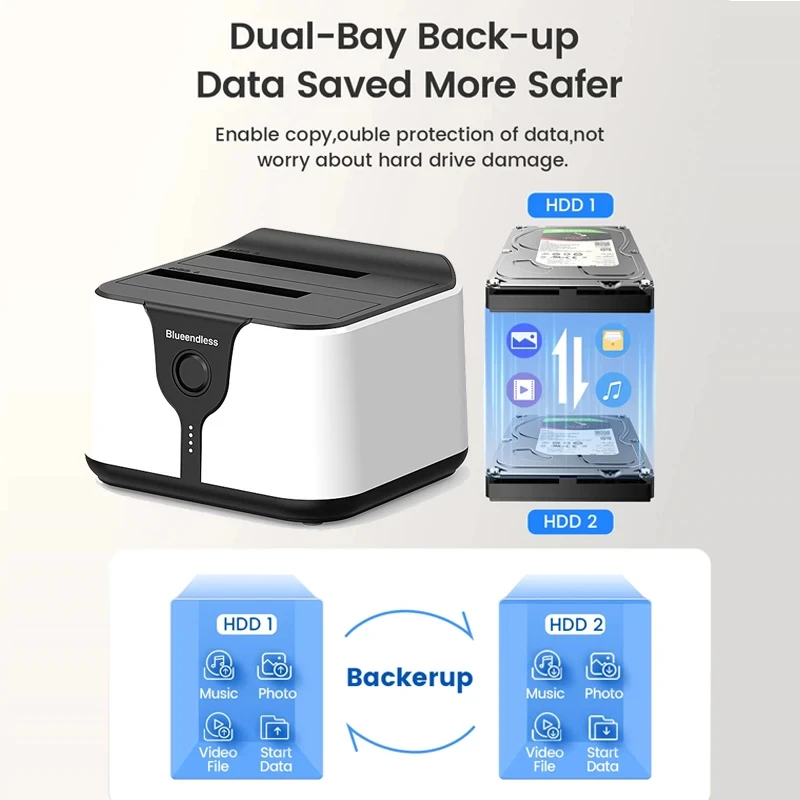 Док-станция для двух жестких дисков с интерфейсом SATA на USB 3,0 ,Dual Bay HDD Docking Station SATA to USB 3.0 HDD Clone Docking Station for 2.5/3.5'' SSD HDD Case Hard Drive Adapter for Laptop