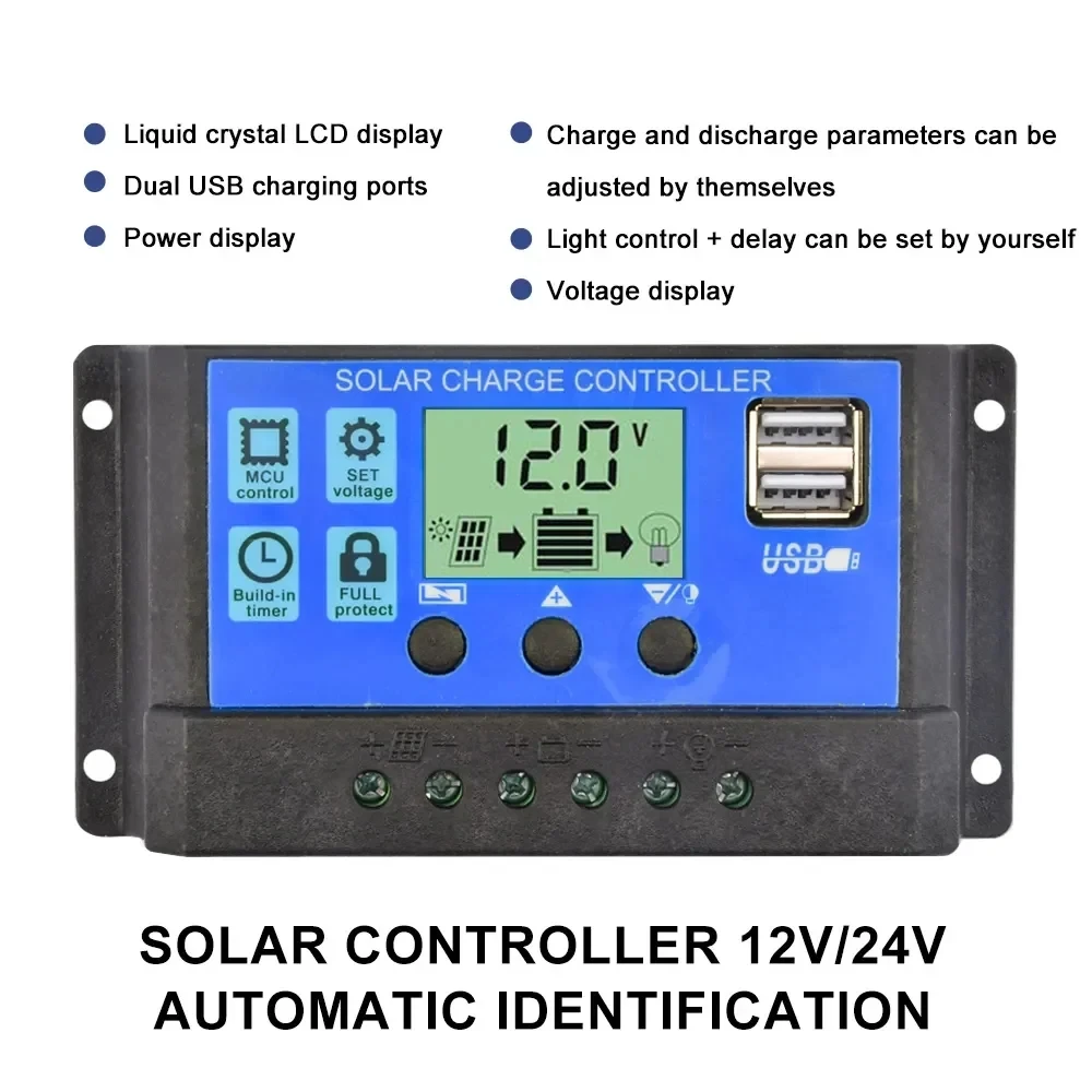 ตัวควบคุมการชาร์จพลังงานแสงอาทิตย์ 12V/24V PWM 10A 30A พร้อมการตั้งค่าตัวจับเวลาจอแสดงผล LCD แบบปรับได้