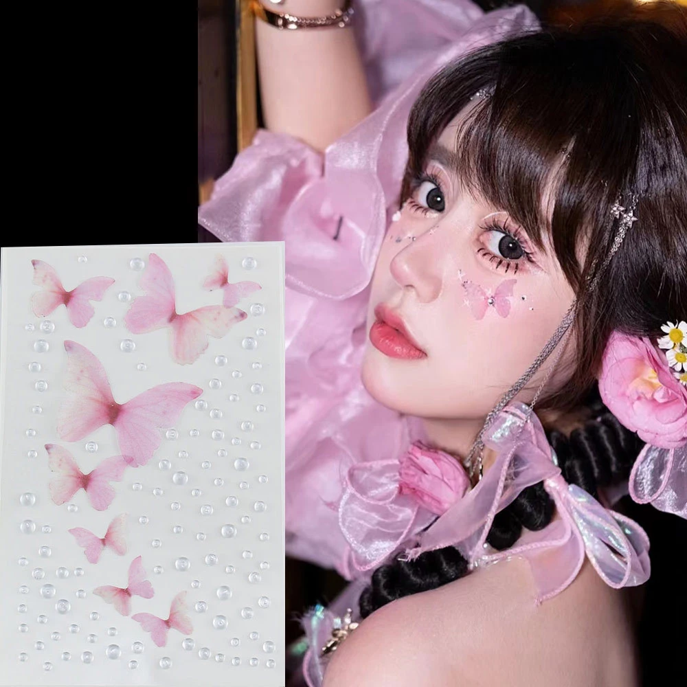 Fashon Butterfly Face Stickers Pearl Temporary Tattoo Stickers Waterproof Glitter Eyeshadow Body for Festival Makeup