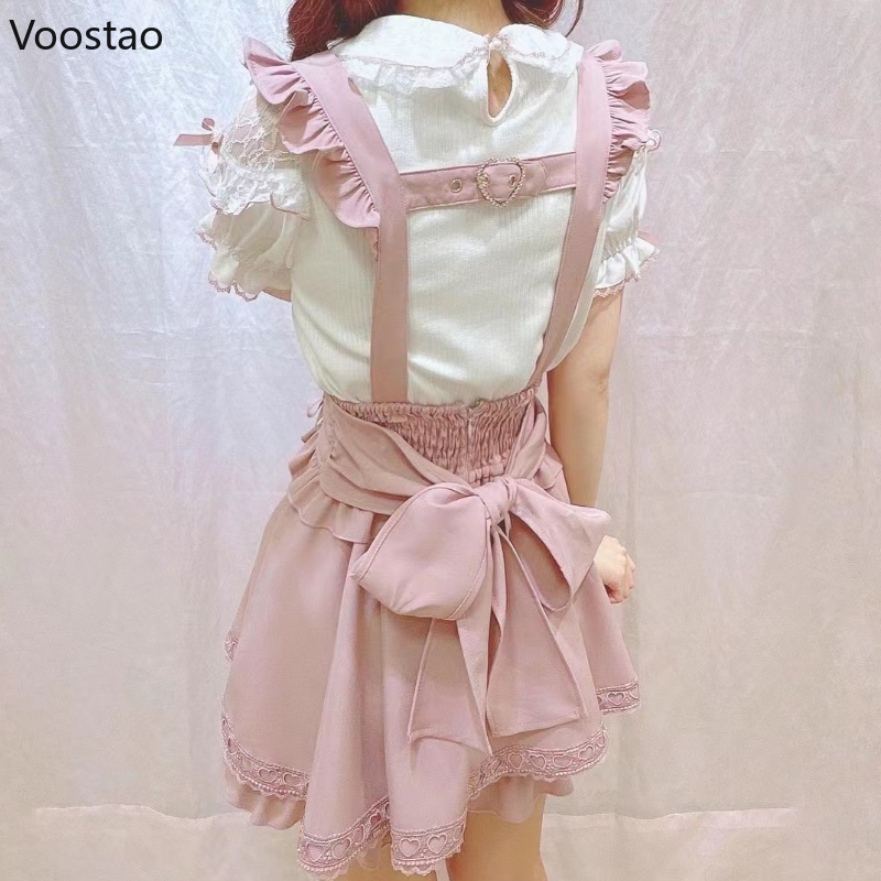 Japanse Gothic Lolita Strik Diamant Parel Gesp Afneembare Korte Jarretelrokje Meisjes Zoete Leuke Kant A-lijn Mini Rokken