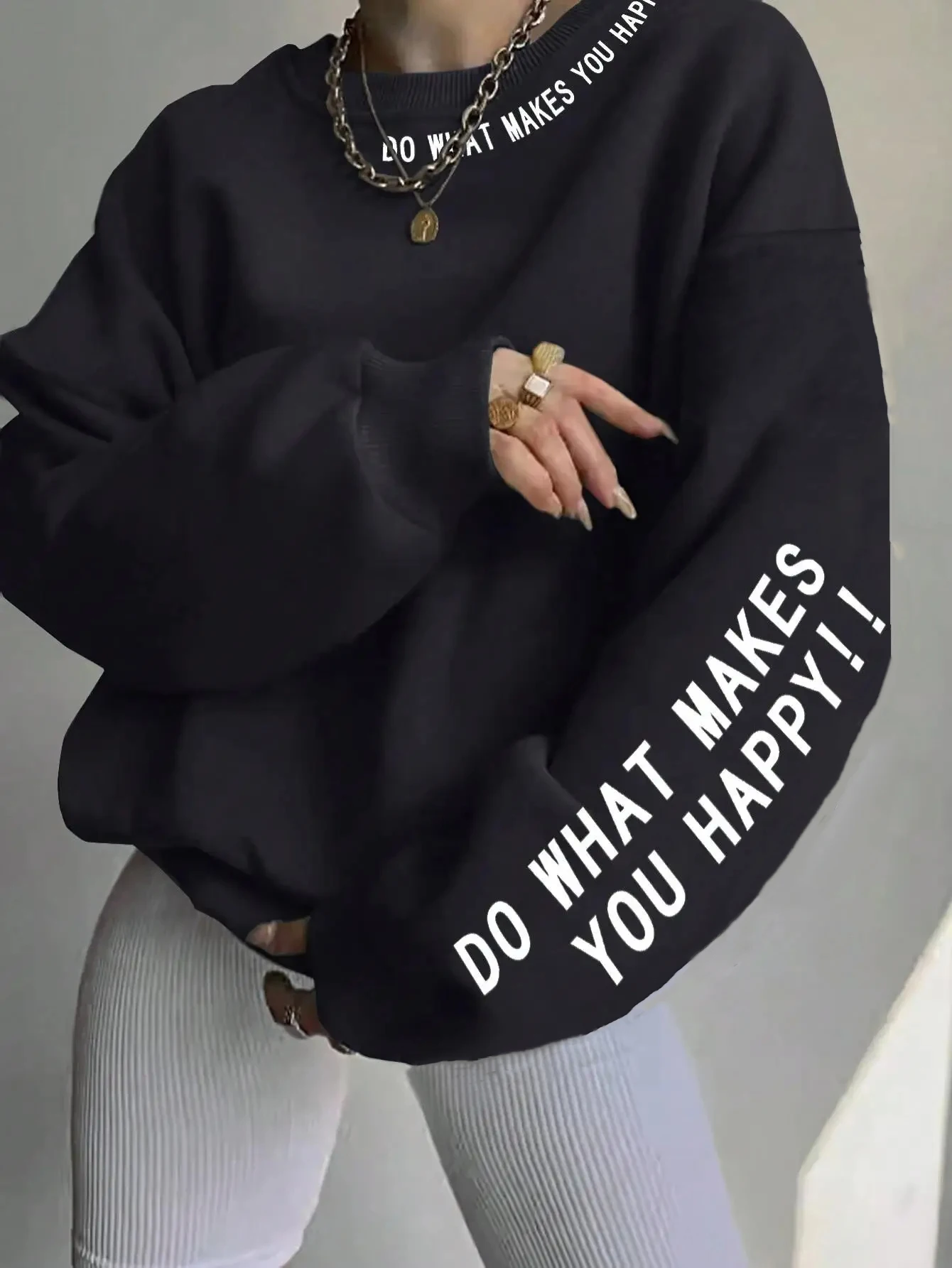 ¿Qué te hace feliz? Sudadera con estampado de letras para mujer, jersey de calle, sudaderas suaves y cálidas, ropa holgada de lana con cuello redondo para mujer