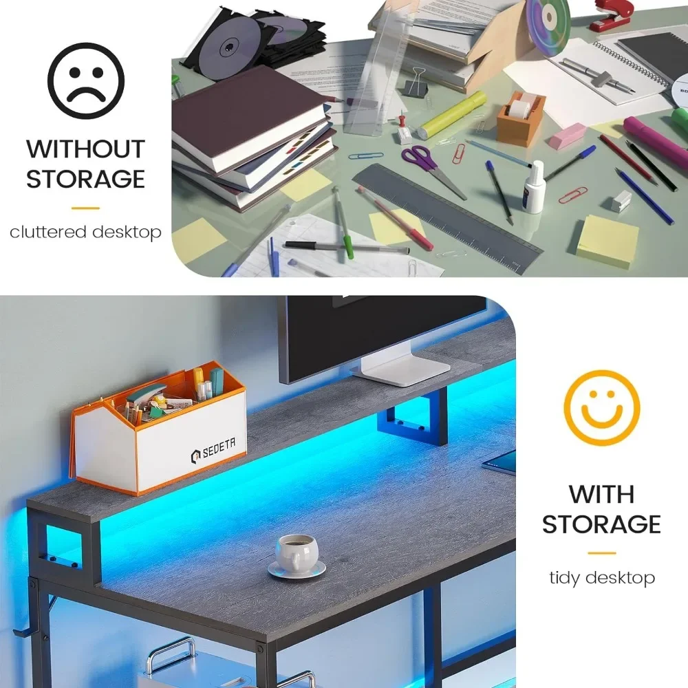 L Shaped Office Desk, 66" Home Office Desk with File Drawer & Power Outlet, Gaming Desk with Led Lights, Standing Desk Converter