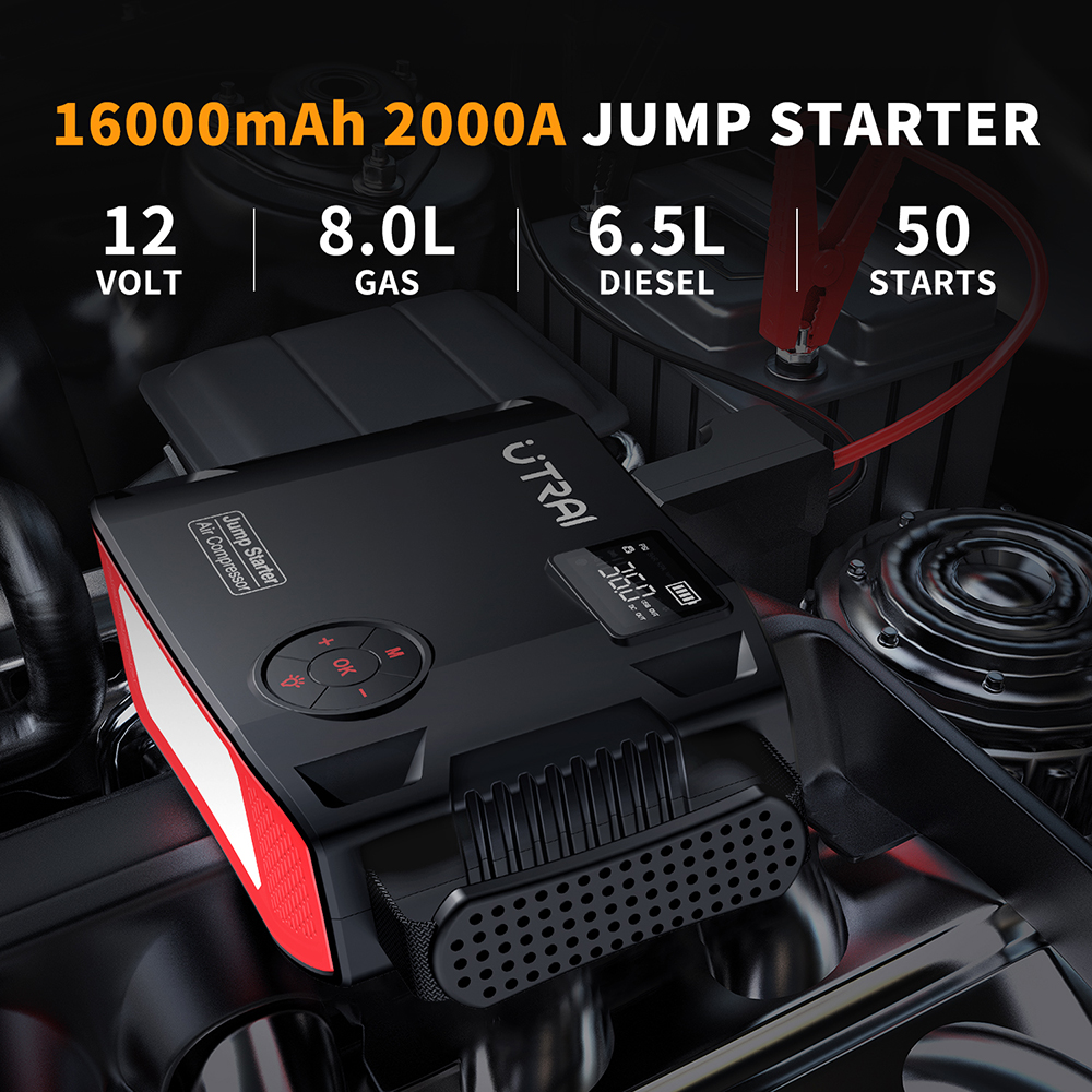 UTRAI 4 em 1 2000A Jump Starter Power Bank 16000mAh 150PSI Compressor de ar Bomba de pneus Carregador portátil Dispositivo de partida de reforço de carro