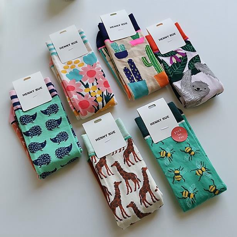 Calcetines coloridos de moda para primavera y otoño para mujer, calcetines de algodón con diseño de erizo y perezoso, calcetines rectos con personalidad a la moda