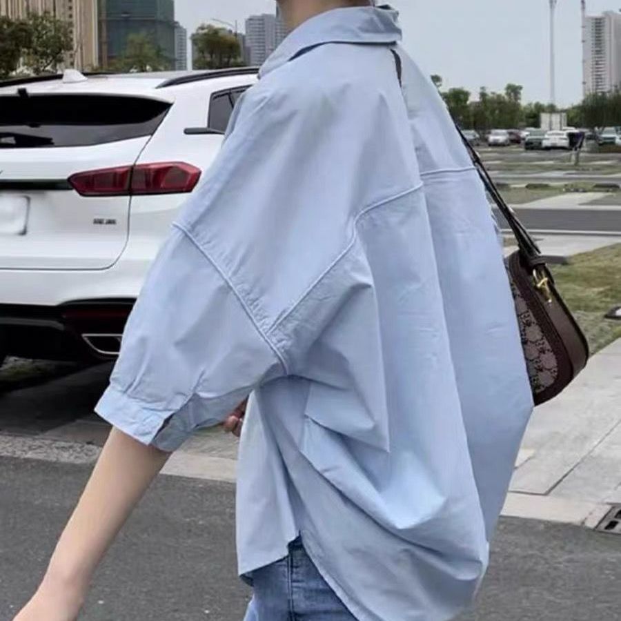 เสื้อผู้หญิง  ผ้าฝ้ายแขนกลางบางผู้หญิง blous shir 2025ฤดูร้อนใหม่หลวมแฟชั่นไม่สม่ำเสมอเสื้อลำลองวันหยุดเกาหลีผู้หญิง Clothes