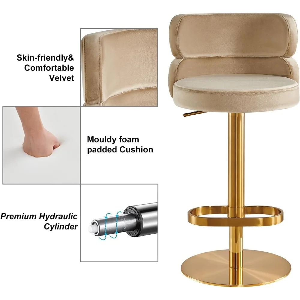 Velvet Bar Stools Modern Swivel Adjustable Height Kitchen Counter Bar Stools with Footrest for Living Room Dining Room (GOLG, Kh