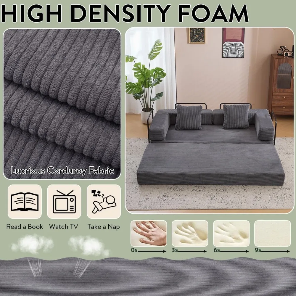 4-in-1 Convertible Folding Sleeper Sofa Bed, Fold Out Floor Sofa Couch with Fixed-Shape Frame, Cloud Corduroy Foldable Mattress