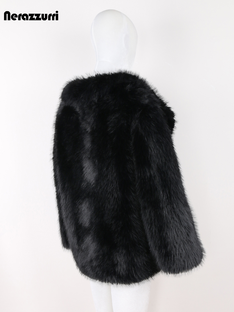 Nerazzurriฤดูใบไม้ร่วงฤดูหนาวสีดําหนาWarm Hairy Shaggy Soft Faux Fox Fur Coatผู้หญิงแขนยาวหลวมสบายๆFluffy Jacket 2024