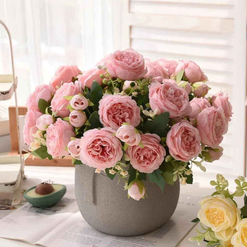 30cm Rose rosa Seide Bouquet Pfingstrose künstliche Blume 5 großen Kopf 4 kleine Knospe Braut Hochzeit Home Dekoration künstliche Blume