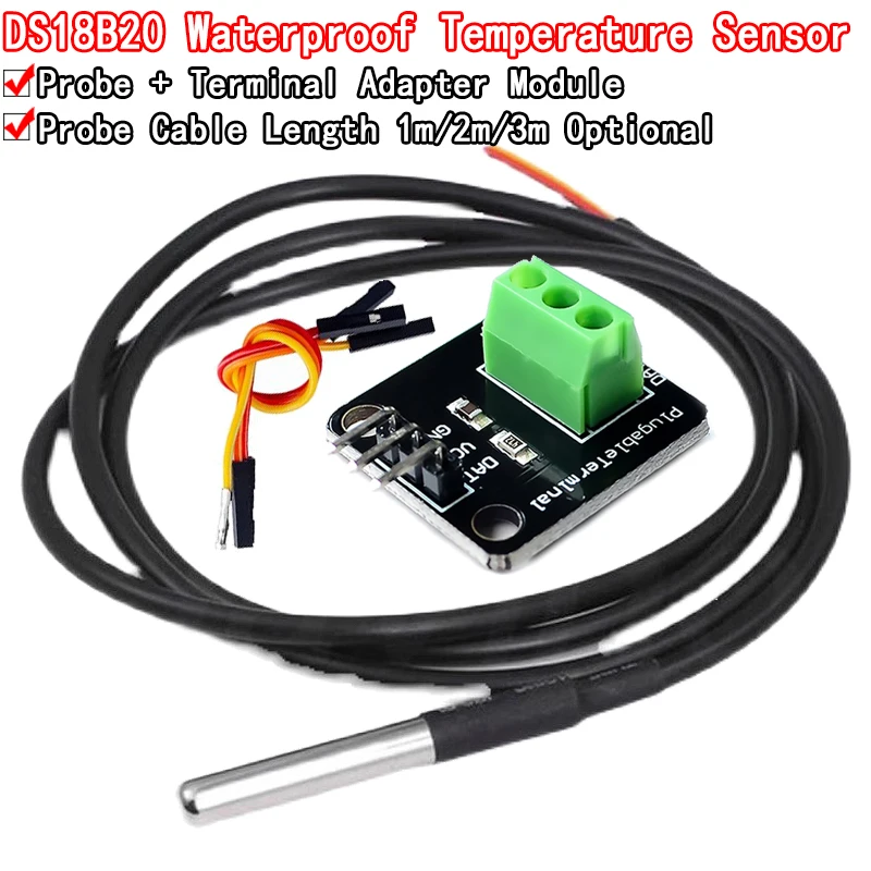 Kit de módulo de Sensor de temperatura DS18B20, Cable de Sensor Digital resistente al agua de 100CM, adaptador de Terminal de sonda de acero inoxidable para Arduino