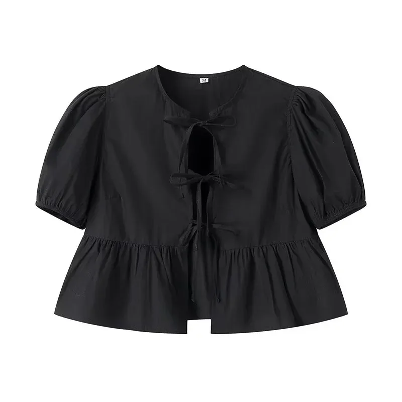 MUJER Top corto con stampa leopardata Camicette con volant con maniche a sbuffo Donna 2025 Camicie e camicette estive per donna Top da donna con volant