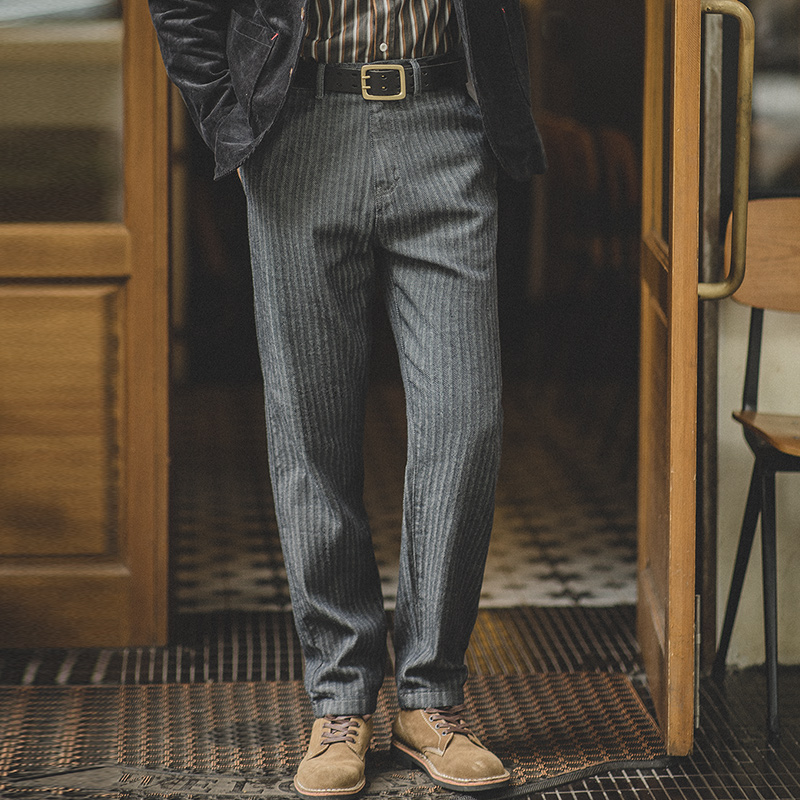 Maden Vaqueros vintage grises de rayas para hombre de 12.8OZ corte recto de cintura media vaqueros tapered estilo amekaji pantalones largos de algodón para otoño