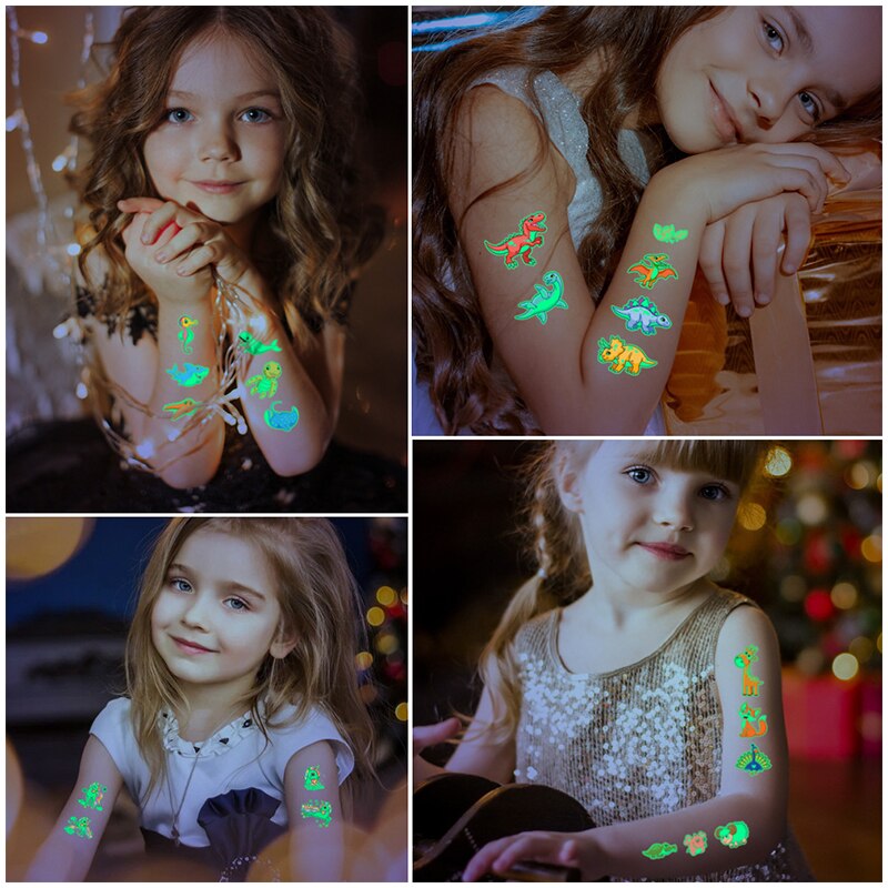 10 pçs crianças adesivos de tatuagem luminosa crianças brilho corpo paster unicórnio borboleta animal dinossauro sereia dos desenhos animados adesivos presente