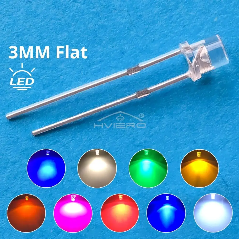 100X F3 3mm 2 pines cabeza plana bombilla LED brillante decoración blanco rojo amarillo azul agua clara gran angular lámpara de diodo emisor de luz
