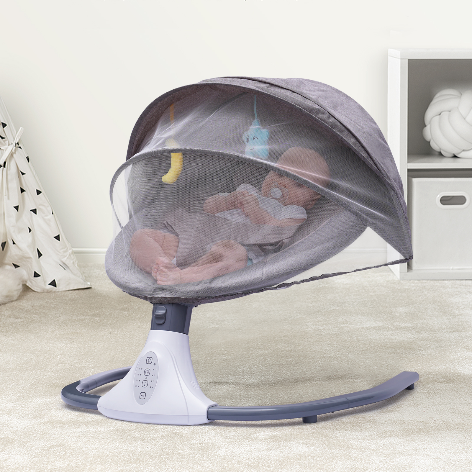 3-Punkt-Geschirr, Baby-Wippe mit abnehmbarem Kinderbettnetz, elektrischer Wiege-Türsteher für 0–20 Monate alte Babys, Kleinkinder, Neugeborene, Grau/Rosa