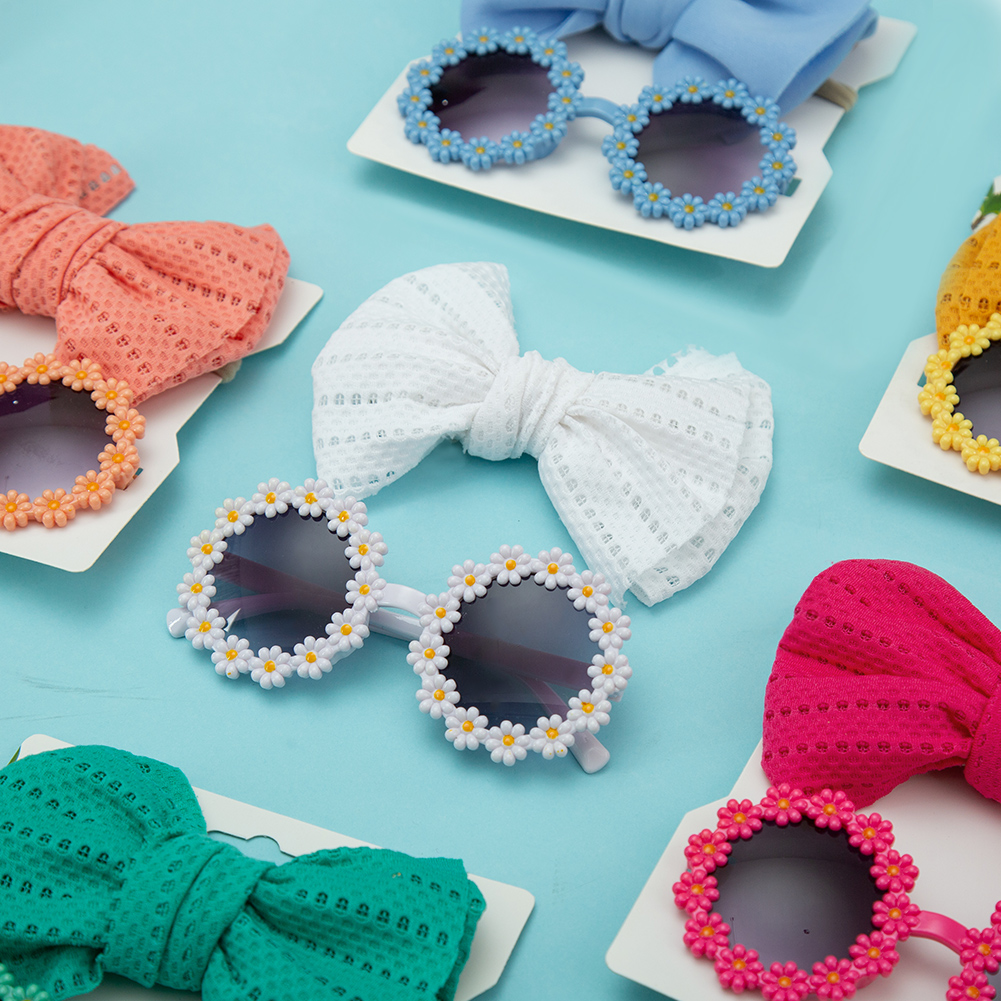 2 pçs/cartão margarida bebê óculos de sol ilhó arco bandana conjunto elástico náilon faixas de cabelo à beira-mar óculos de sol crianças headwear