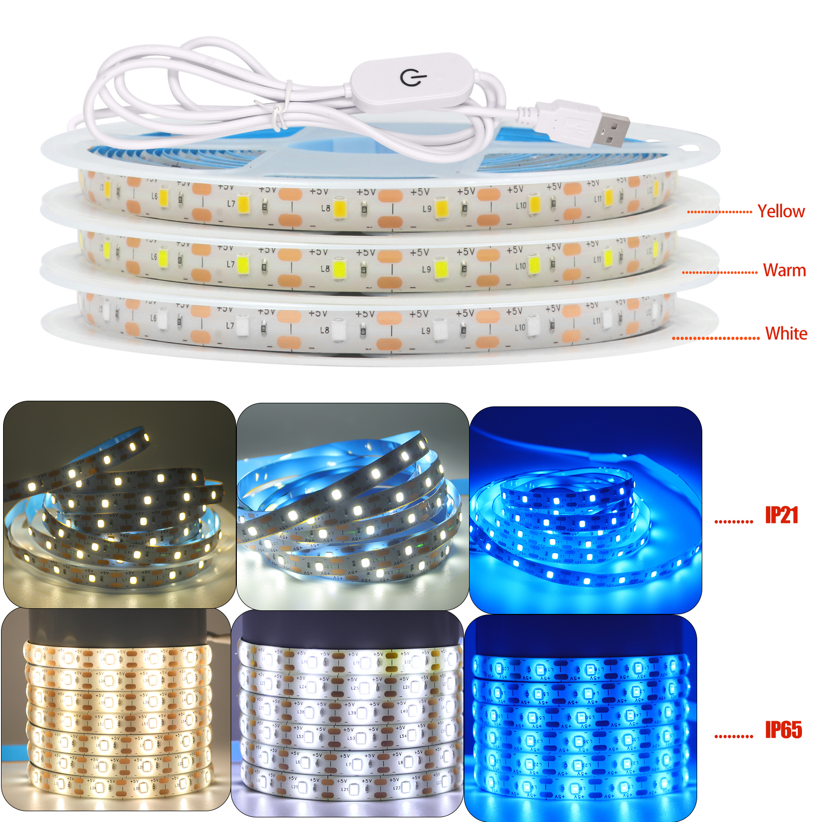 Bande lumineuse LED USB étanche, gradateur, interrupteur, blanc, bleu chaud, ruban adhésif, armoire, pièce, veilleuse, 1m, 3m, 5m, 5V, 2835, 60