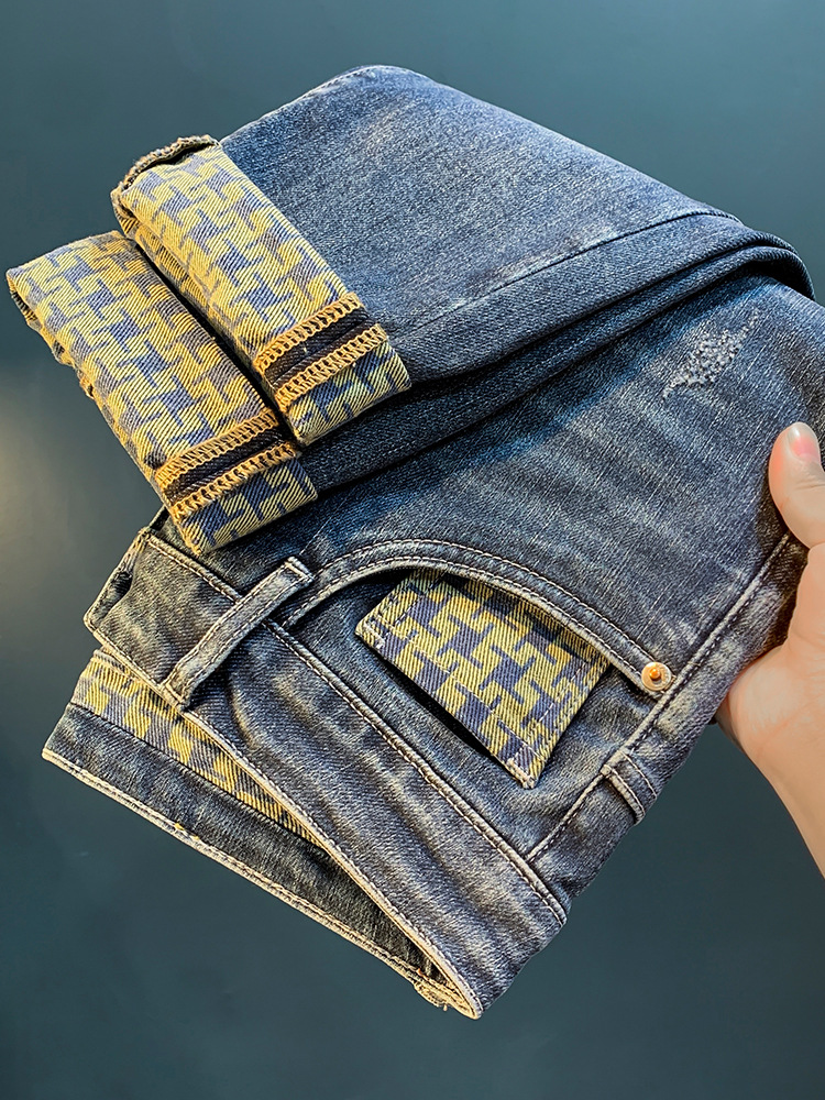 Pantalones vaqueros de moda para hombre, Jeans de gama alta, ligeros, de lujo, con estampado, elásticos, informales, rectos, sueltos, de algodón