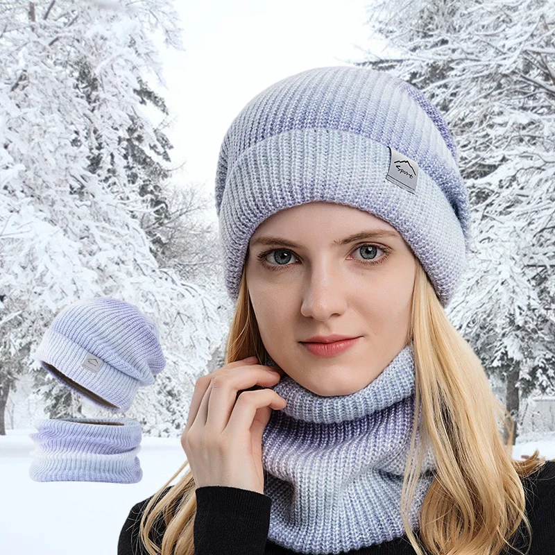 2 pc/set feminino chapéu e lenço de pescoço conjunto com pelúcia moda mais quente cachecol cor gradiente para 2025 outono e inverno