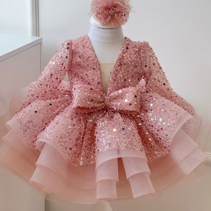 Abiti da ragazza di fiori personalizzati Abiti da ballo principessa per feste di matrimonio con paillettes rosa carine con paillettes gonfie lucide con fiocco