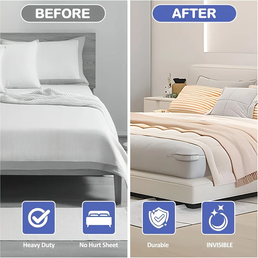 4 suportes de lençóis resistentes, alças de colchão antiderrapantes para todos os tamanhos de lençóis. Fácil instalação, mantém os lençóis fixos. Ótimo para roupas de cama modernas