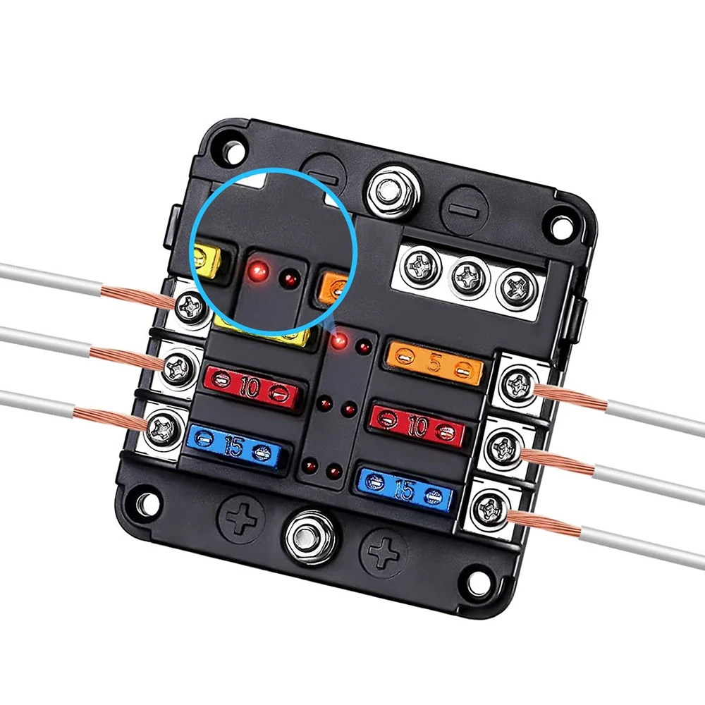Blok bezpieczników 12 V 6-drożny ze wskaźnikiem LED Skrzynka bezpieczników 12 V ATO/ATC Marine Panel bezpieczników Wodoodporny 24 V do samochodów łodzi samochodowych