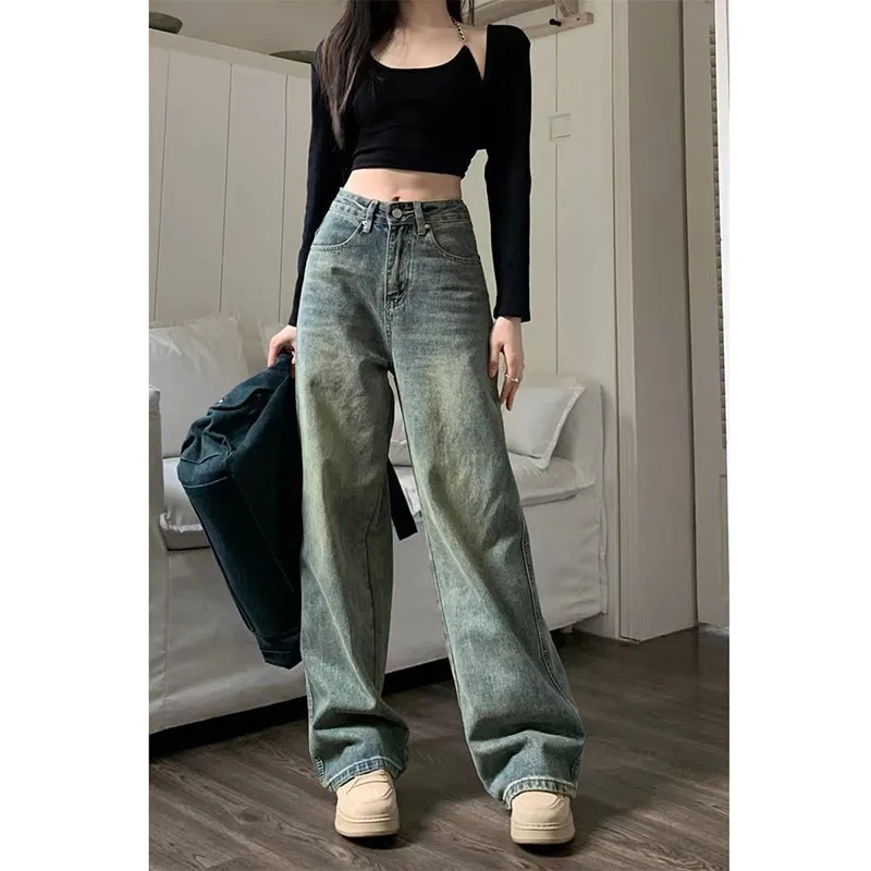 Y2K pantalones vaqueros holgados informales de pierna ancha para mujer, ropa de calle, pantalones vaqueros lavados que combinan con todo, Pantalones rectos de cintura alta Vintage de los años 90