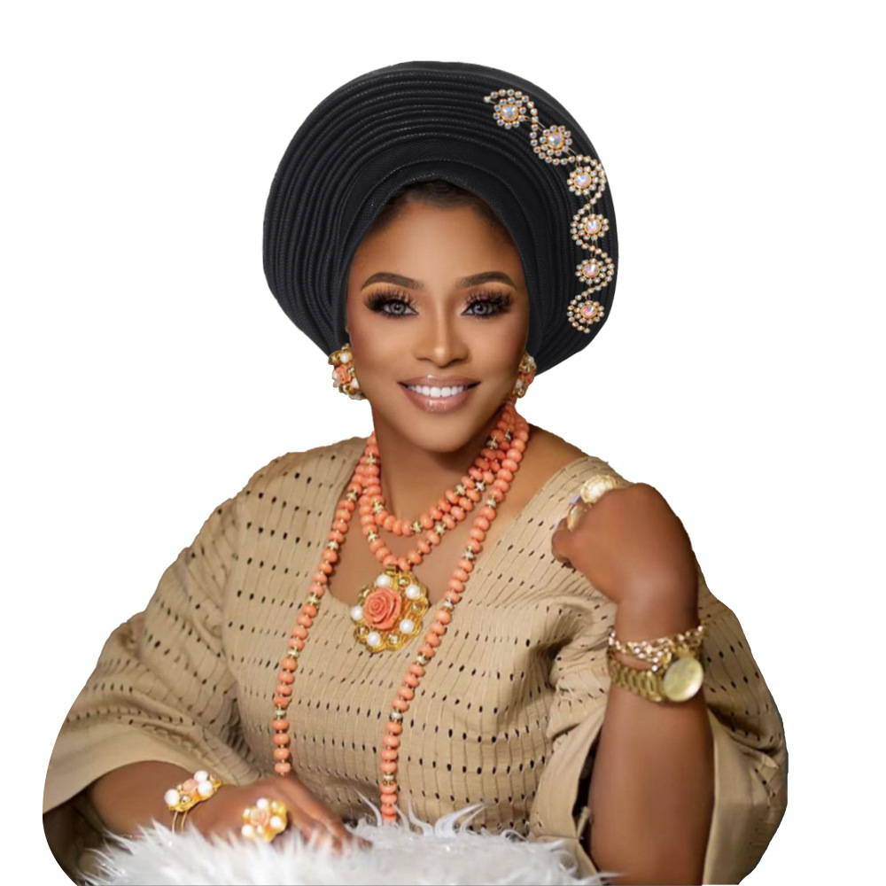 Neue afrikanische Headtie Turban Nigeria Kopfbänder mit Blumen bereits hergestellt Auto Gele Frauen Kopfwickel für Hochzeitsfeier