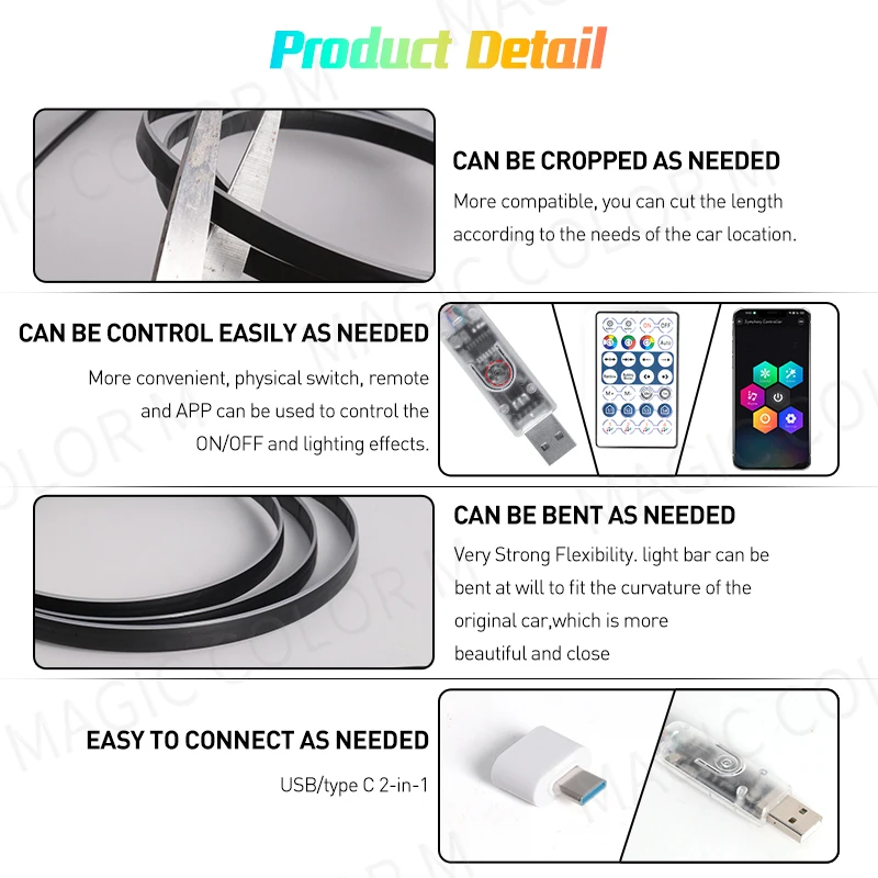 Vgetting-luces ambientales para coche, 140/55,1 pulgadas, 2 en 1, LED Universal, sinfonía, RGB, lámpara de ambiente, aplicación remota USB, control remoto para Tesla Model 3 Y S X
