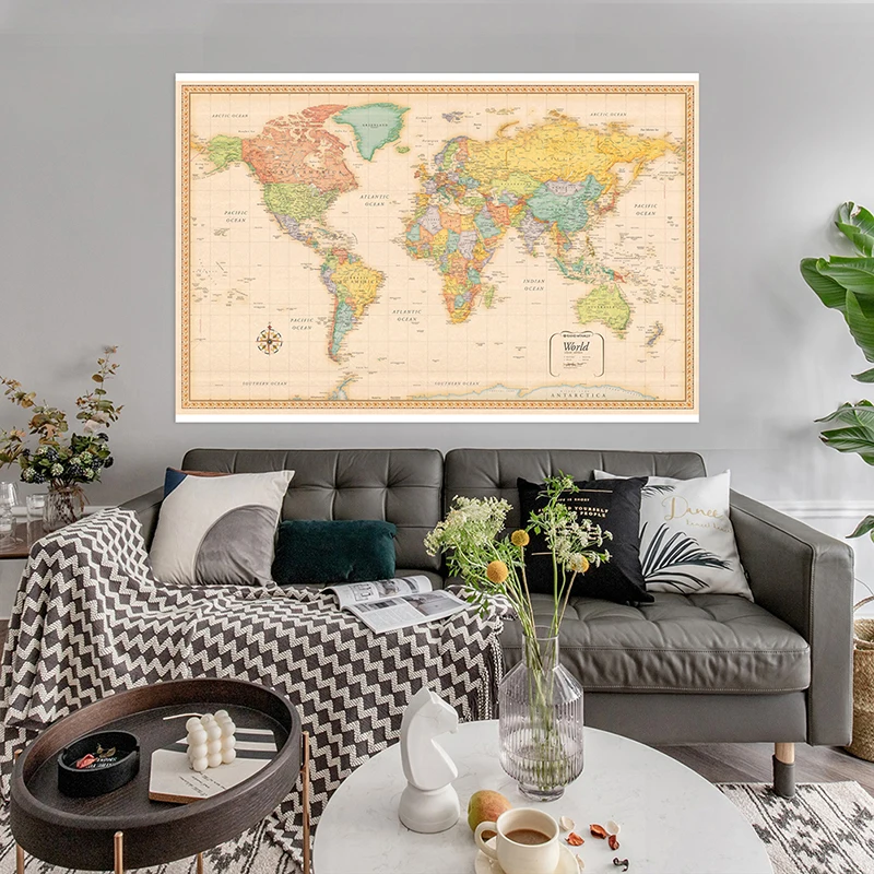 Mapa świata Classic Edition Winylowy dekor ścienny w sprayu Wiszący obraz Plakat Wydruki Tło do szkoły Domowe artykuły biurowe 120x80cm