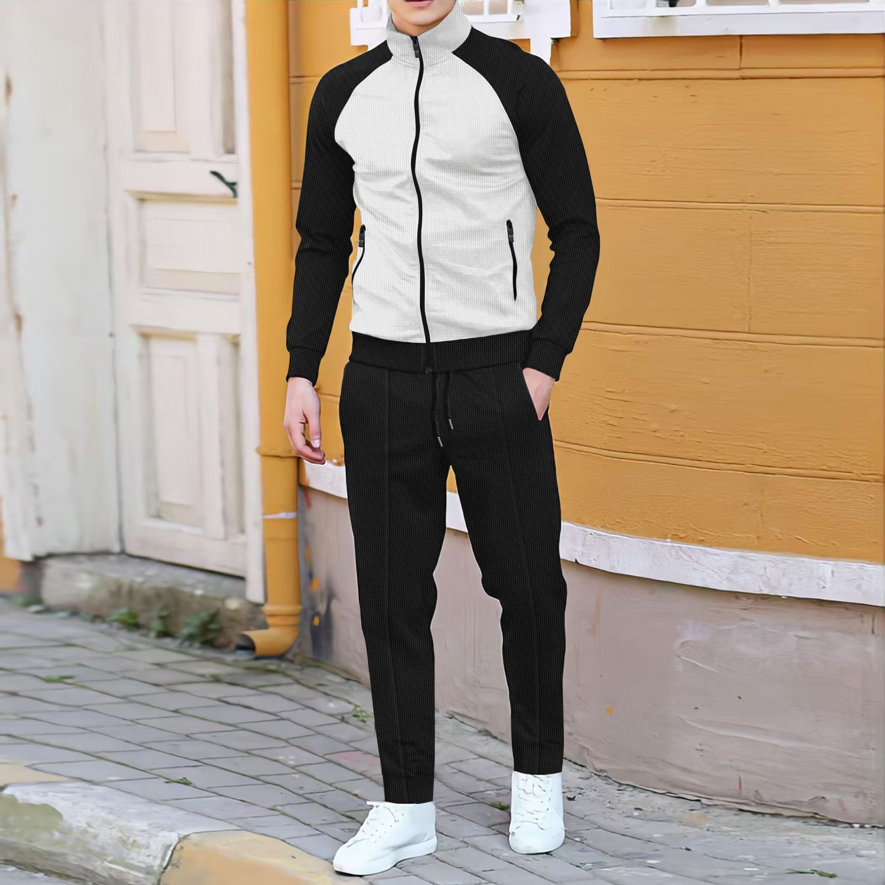 Frühlings- und Herbst-Herren-Freizeitanzug, modischer Farbkontrast mit Stehkragen und Stehkragenjacke + Hose, lässiger Outdoor-Sport