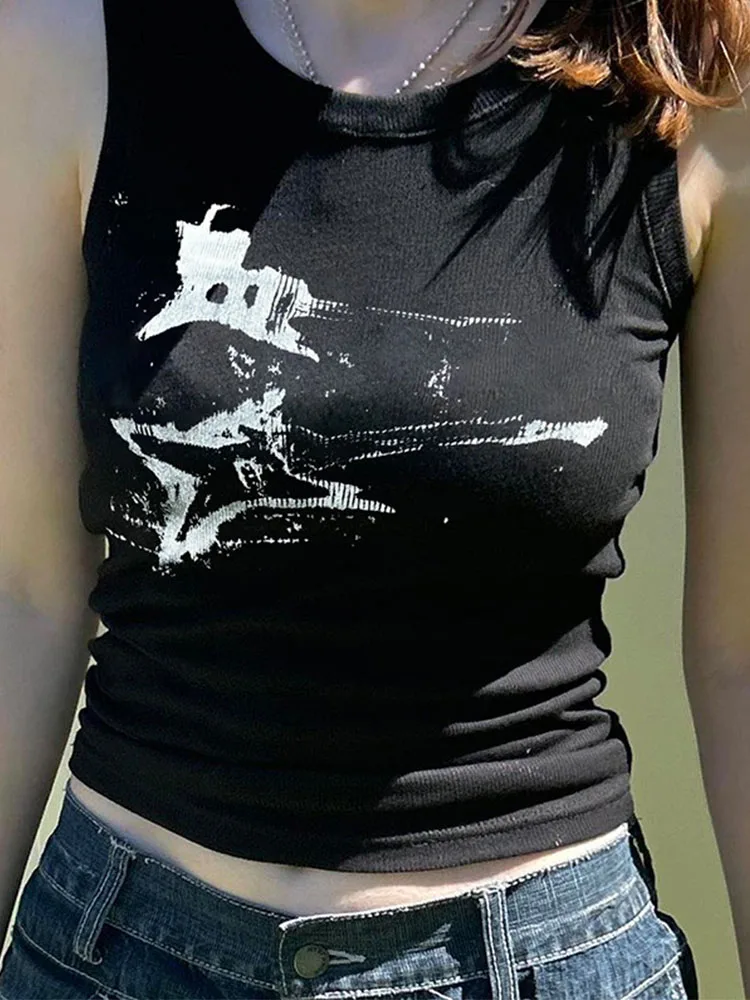 เสื้อกล้ามพิมพ์ลายกีตาร์แขนกุด Y2K ลำลองผู้หญิงเสื้อครอปแบบกรันจ์เสื้อ rompi modis ฮาราจูกุชุดแนวสตรีท90s