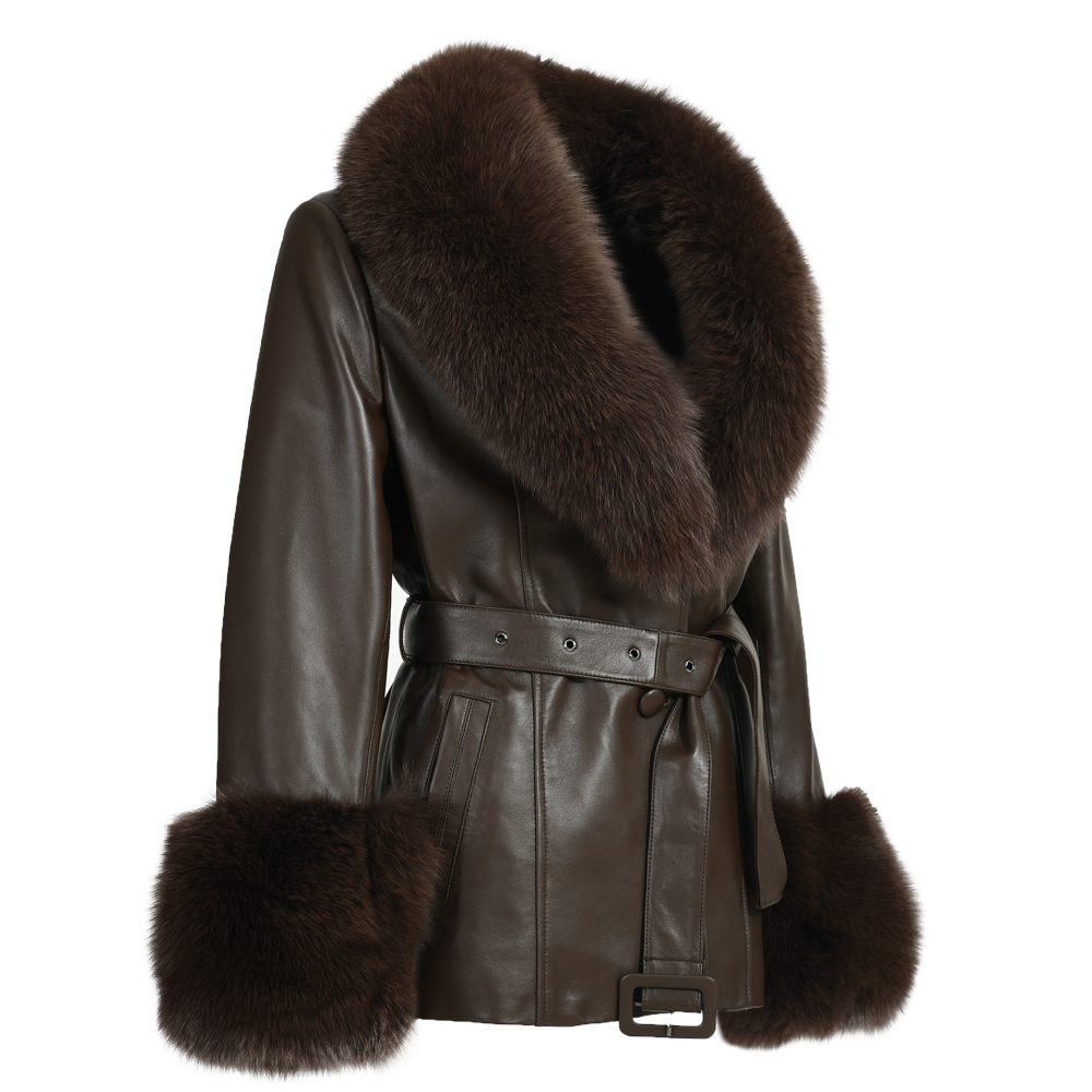 Jaxmonoy-gabardina de cuero genuino con cuello de piel de zorro Real para mujer, abrigo de piel de oveja para mujer, ropa de abrigo femenina, moda de otoño e invierno