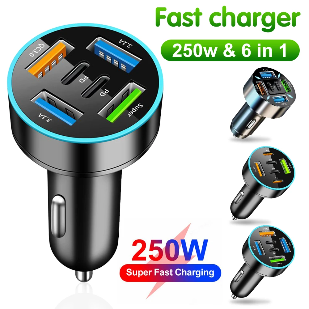 250 W 5 Poorten Autolader Snel Opladen PD QC3.0 USB C Auto Telefoon Oplader Adapter Met Spanning Voor iPhone Samsung Huawei Xiaomi