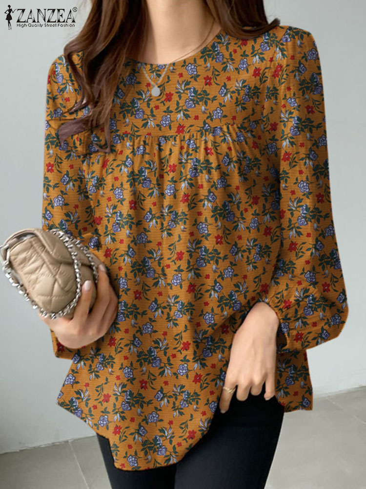 2024 ZANZEA 女性花柄プリントブラウスボヘミアンホリデートップスヴィンテージ長袖ワークシャツカジュアルコットンシュミーズ女性 Blusas