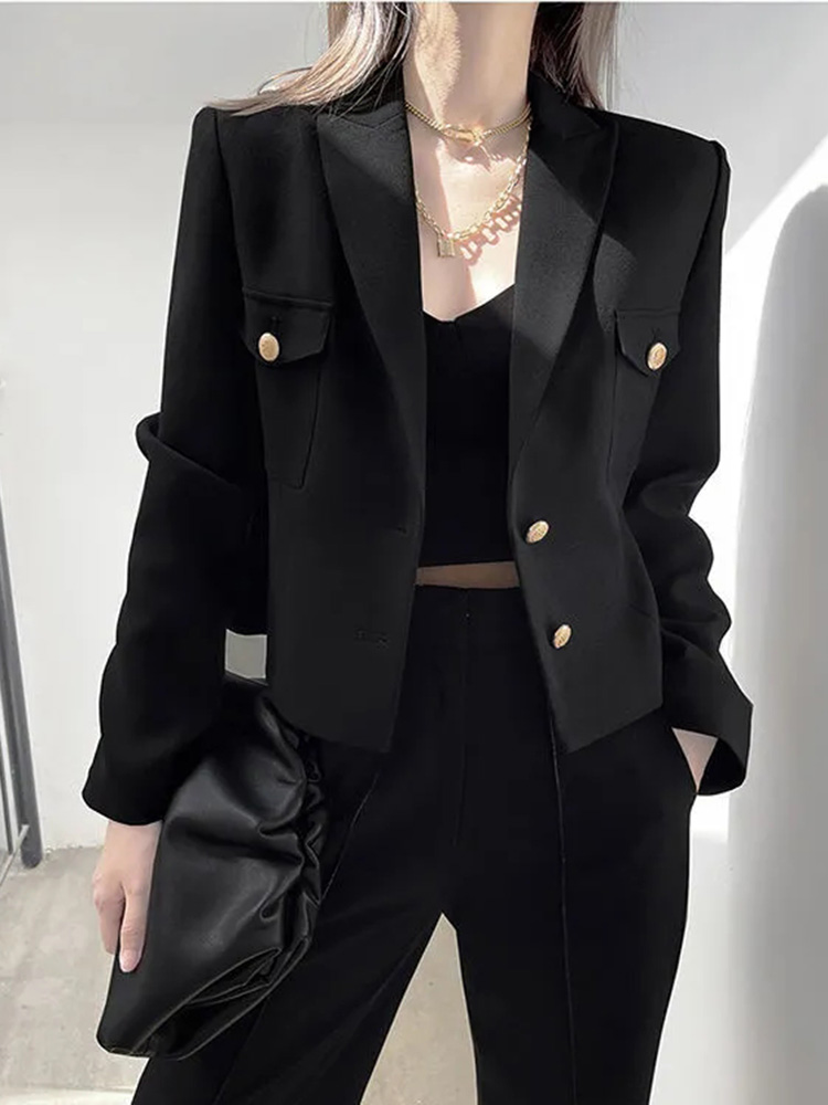 Zoki casual preto blazer casacos moda feminina magro manga longa elegante jaquetas curtas outono coreano botões duplos senhora do escritório topos