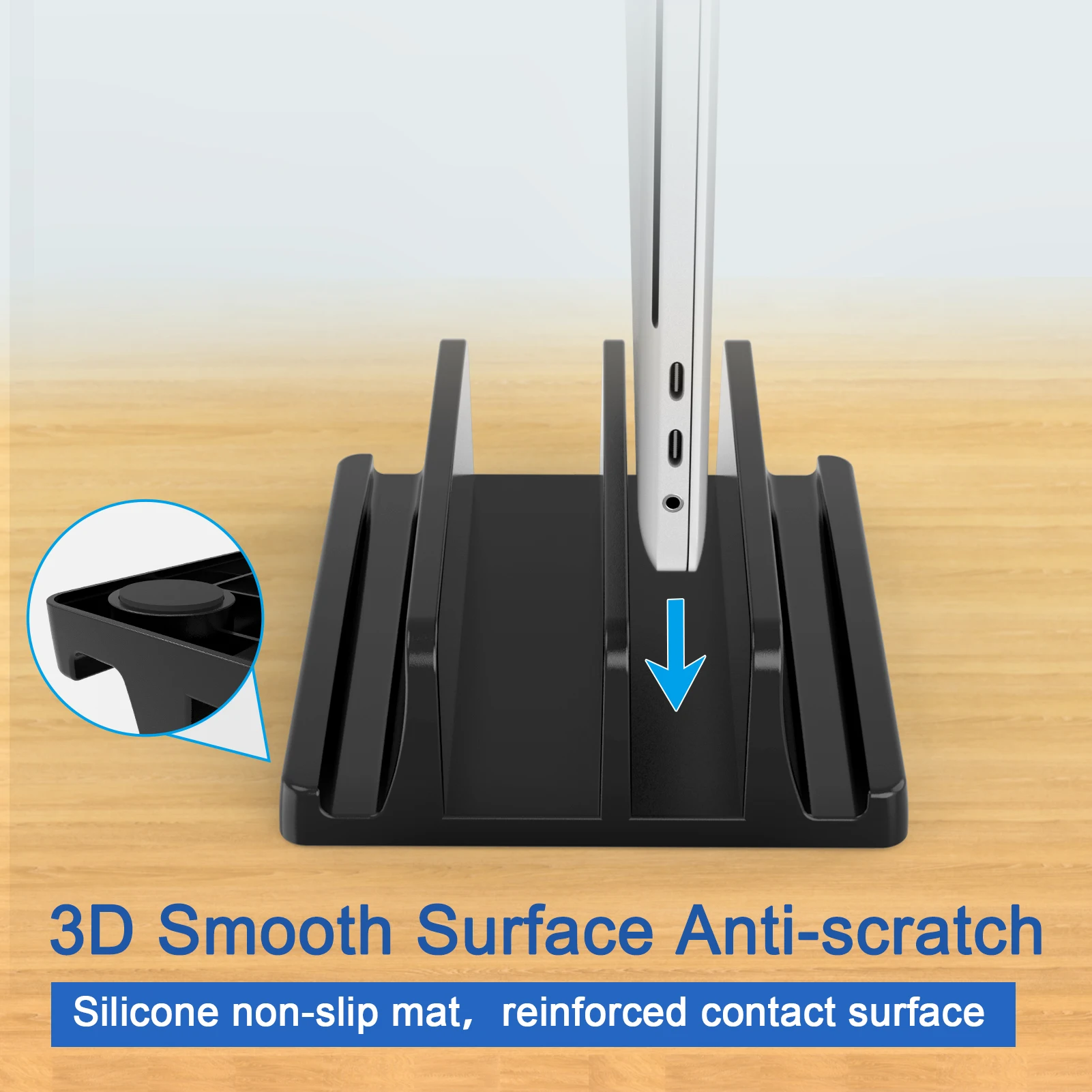 Soporte vertical para computadora portátil para escritorio, soporte de plástico para computadora portátil con ranuras duales con diseño que ahorra espacio, soporte para computadora portátil compatible con MacBook