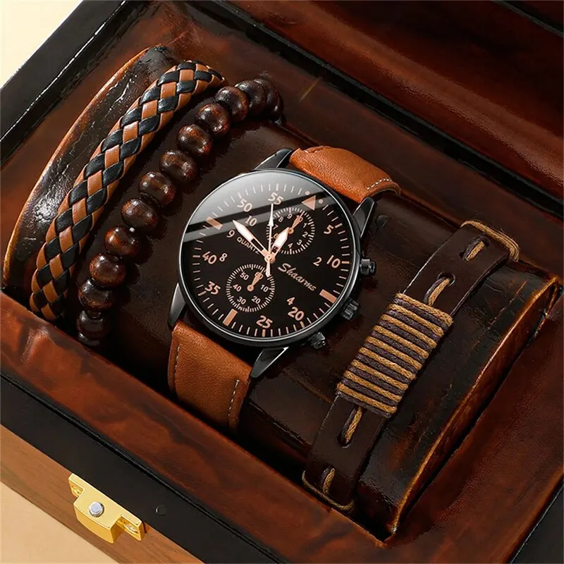 New Men Watch Luxury Bracelet Set Fashion Business Brown Leather Quartz Relógios de pulso para homens Gift Set Relogio masculino