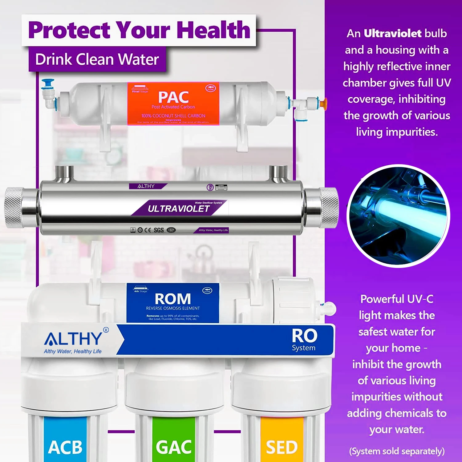 ALTHY UV Tia Cực Tím Máy Lọc Nước Máy Tiệt Trùng Hệ Thống Diệt Khuẩn Lọc Thông Minh Điều Khiển Lưu Lượng Công Tắc Thép Không Gỉ 1GPM
